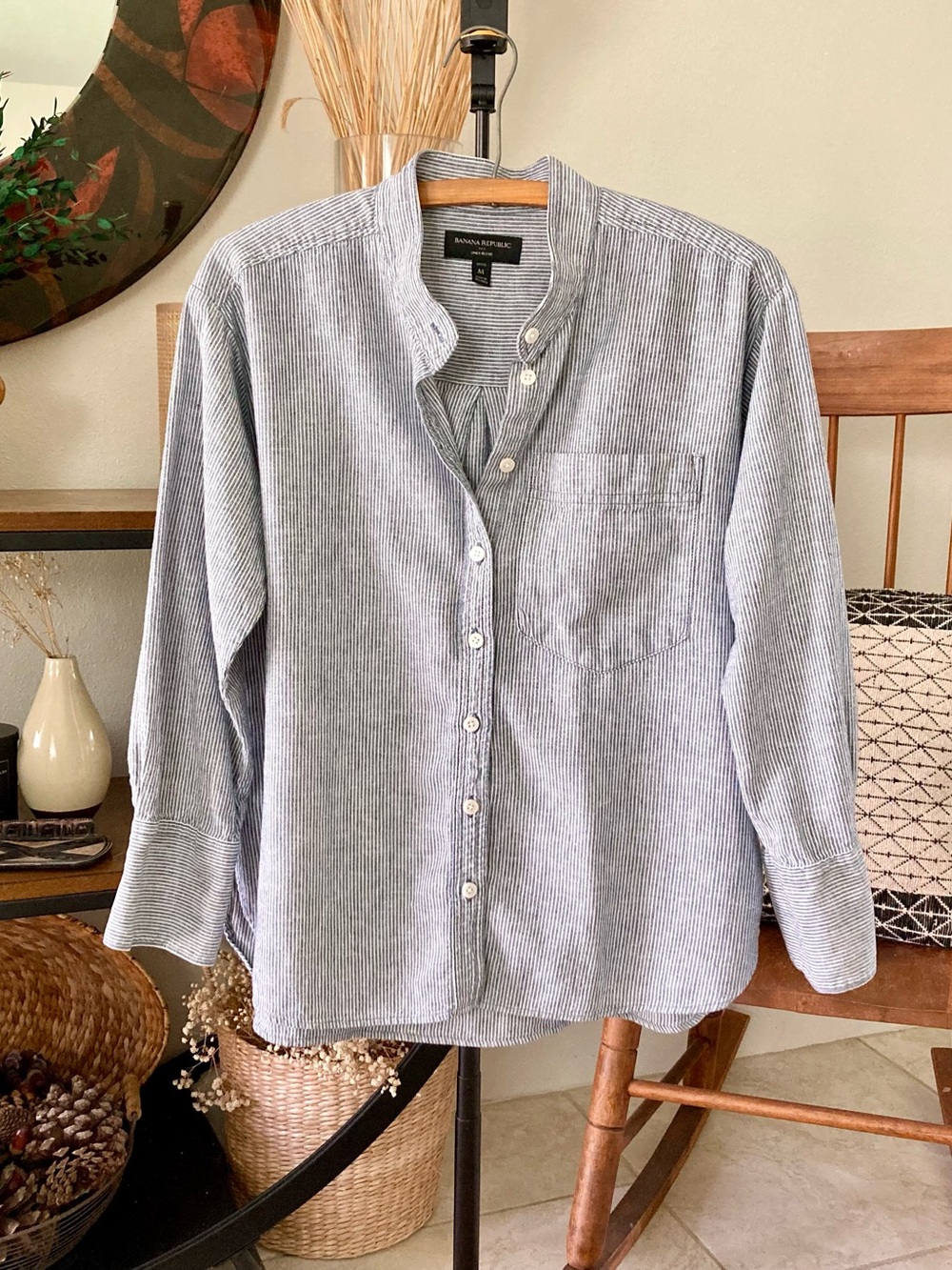 Banana Republic Light Blue Pinstripe Band-Collar Button-Up Shirt